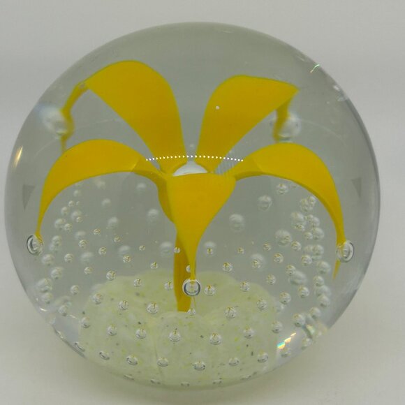 Wheaton Glass Controlled Bubble Paperweight With Yellow Flower Design - Picture 16 of 16